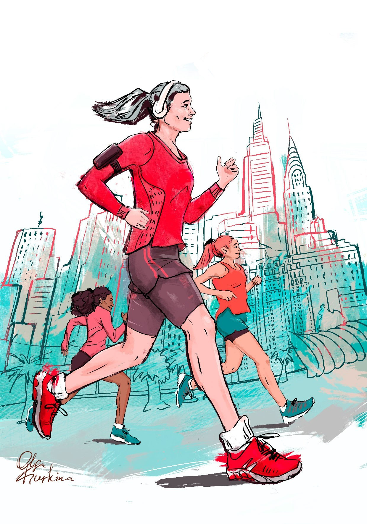 Conceptual ink style editorial illustration about female sport and running activity
