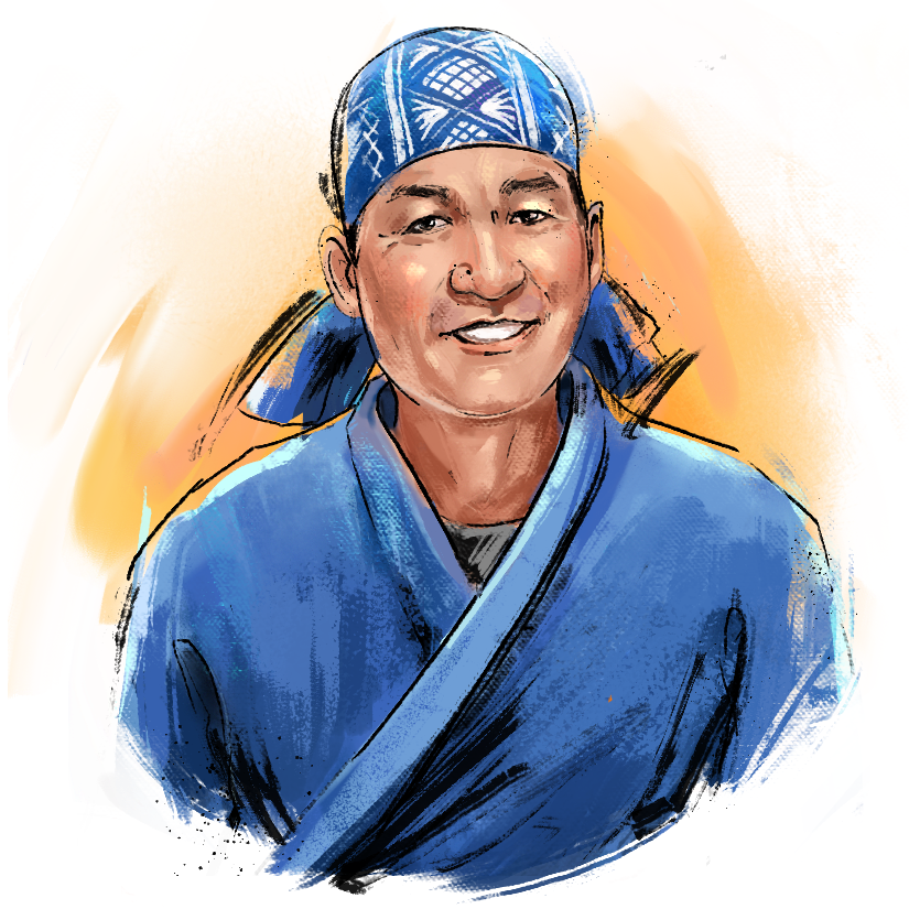 Vibrant hand-drawn sketch of a cook holding kitchen utensils in a bright expressive style. CHEF KENGO KATO