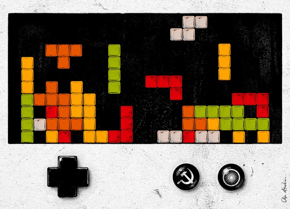 Conceptual charcoal style editorial illustration of Tetris arcade game for Texas Security Review magazine