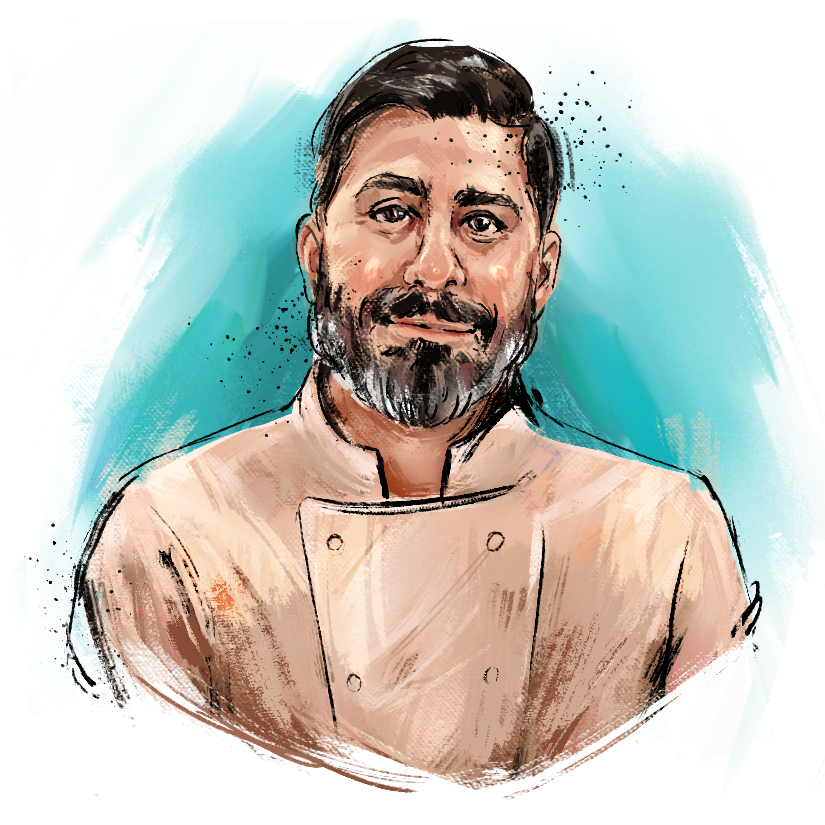 Colorful sketchy portrait illustration of a smiling chef in a bright artistic style. Toledo guide. CHEF ELIAS HAJJAR