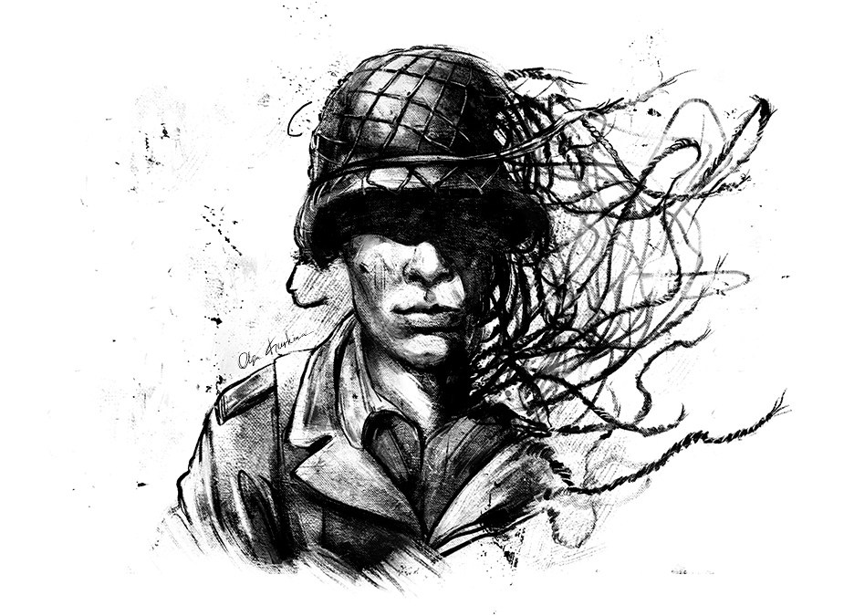 Conceptual charcoal style editorial illustration of soldier  in Texas Security Review magazine