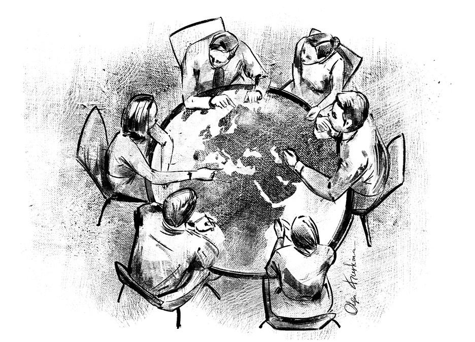 Conceptual charcoal style editorial illustration of round table  for Texas Security Review magazine
