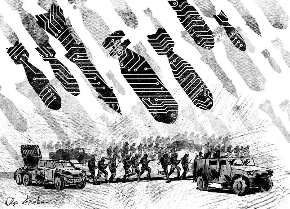 Conceptual charcoal style editorial illustration of forces for Texas Security Review magazine