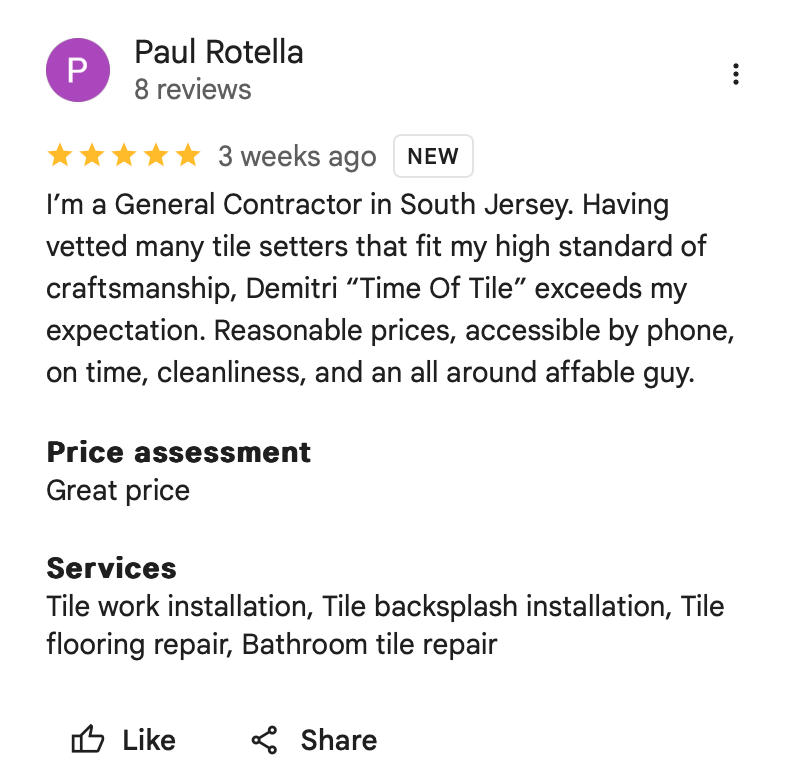 Reviews. TIME OF TILE Certified tile installer in Long Beach Island NJ