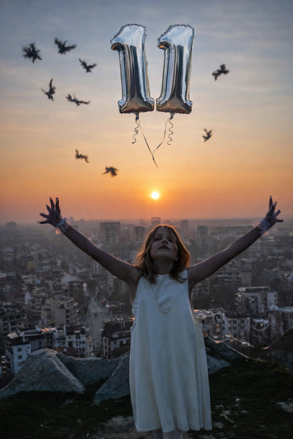     Деца на залез с балони в естествена светлина.