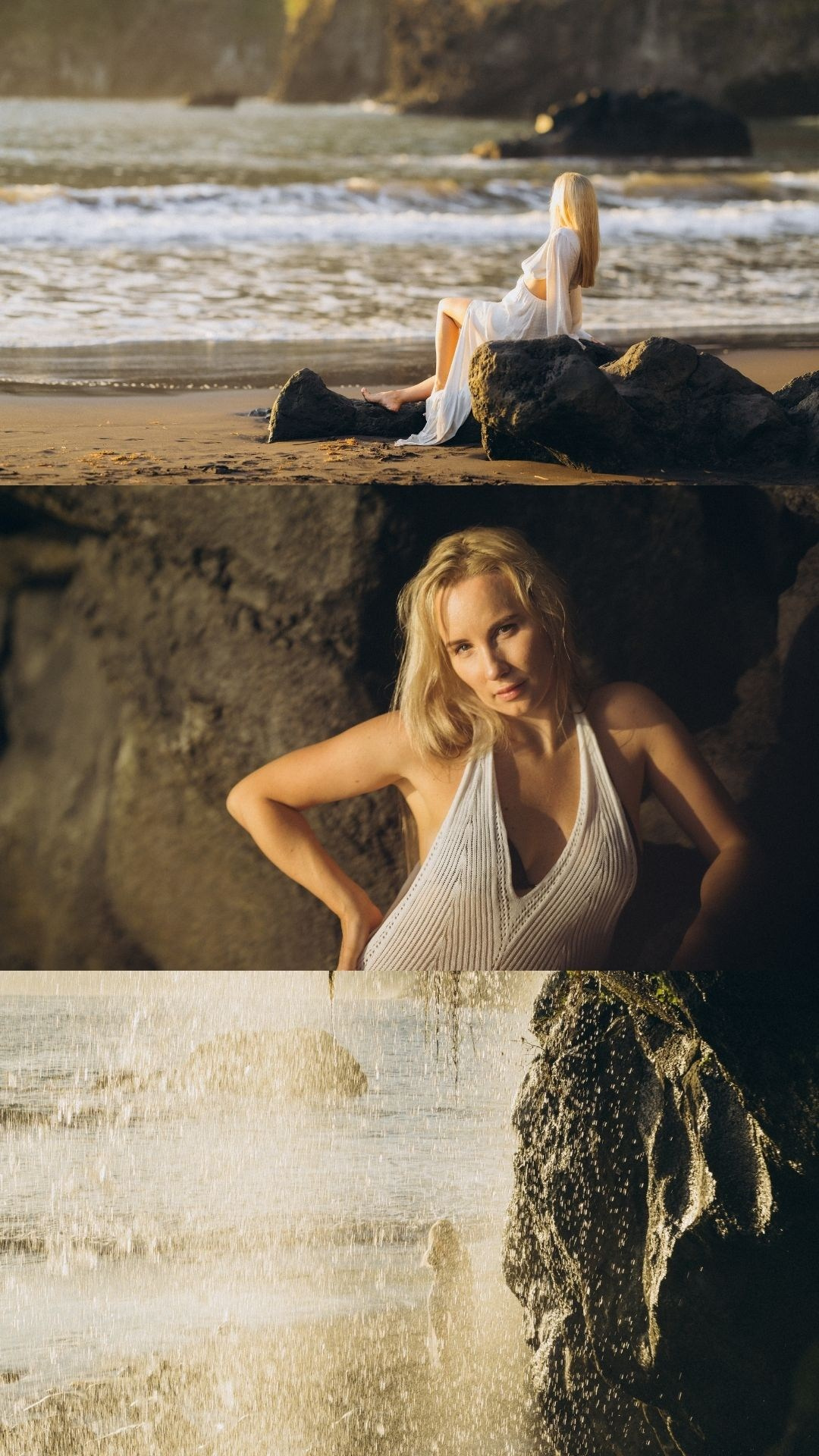 Romantic solo photoshoot collage on Madeira’s black sand beach
