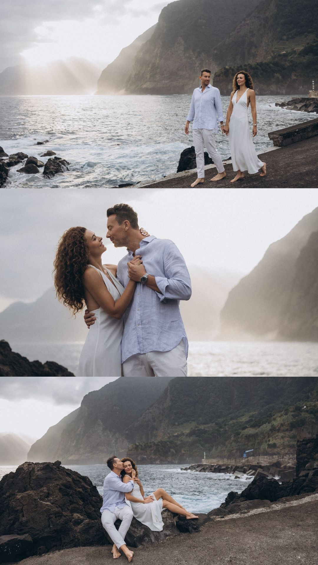 Engagement photoshoot collage at Seixal Beach, Madeira, with black sand and ocean views.