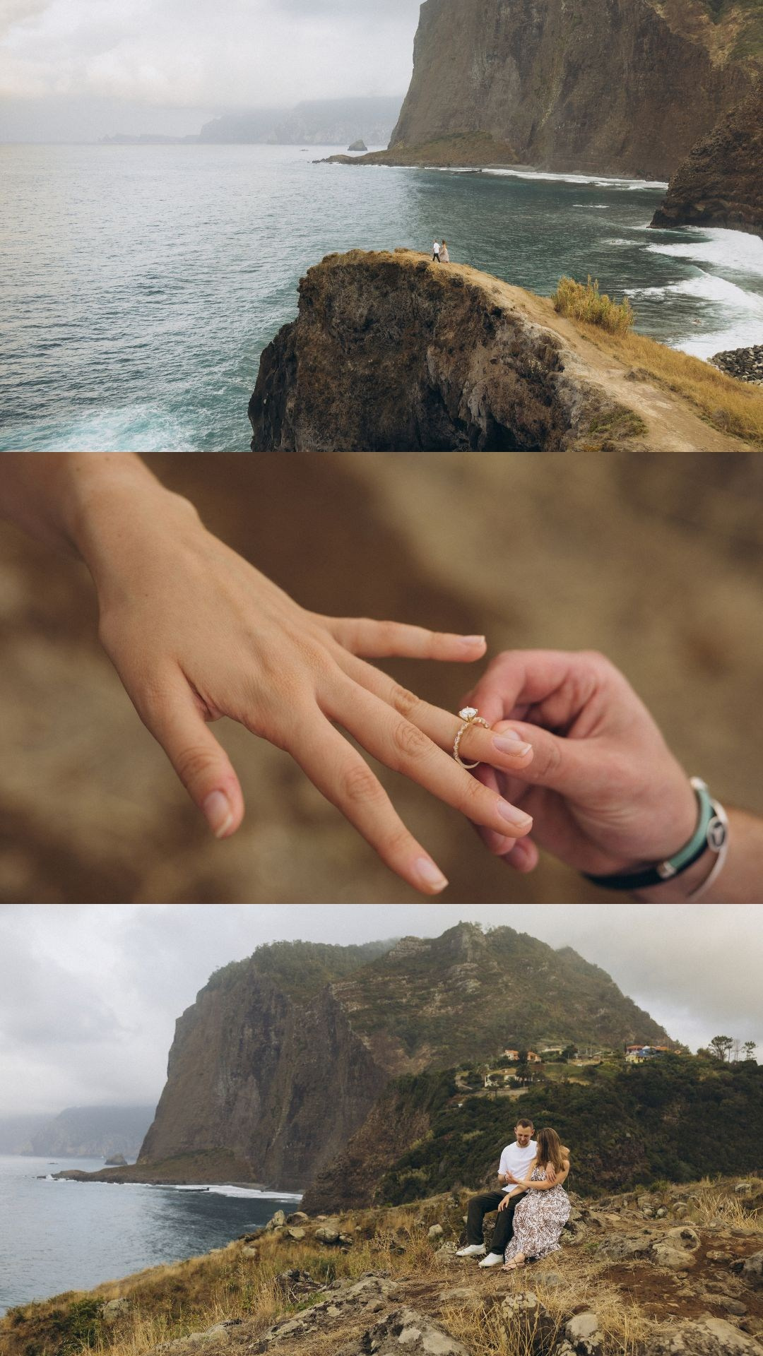 Couple celebrating their engagement at Miradouro do Guindaste, Madeira.