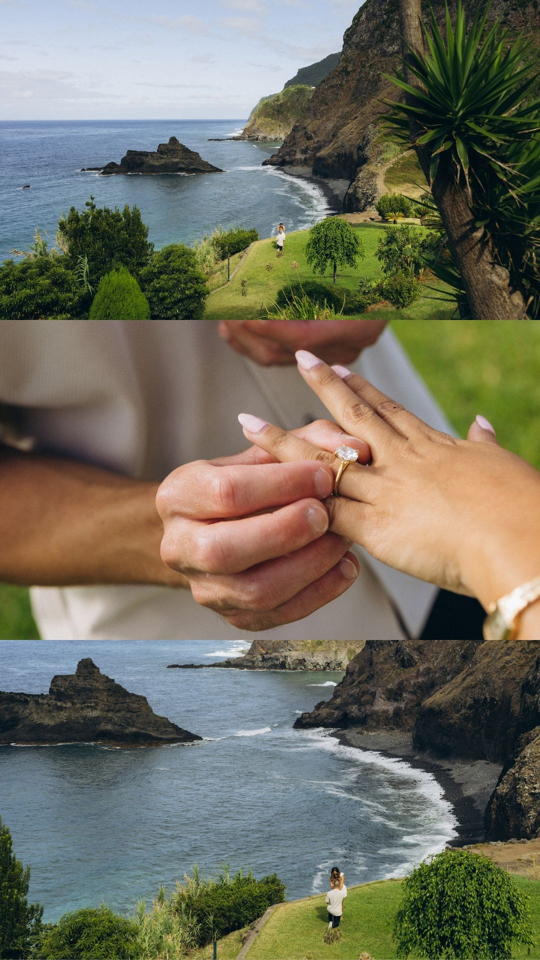 Secret proposal and engagement photoshoot collage at São Cristóvão and Seixal Beach, Madeira.