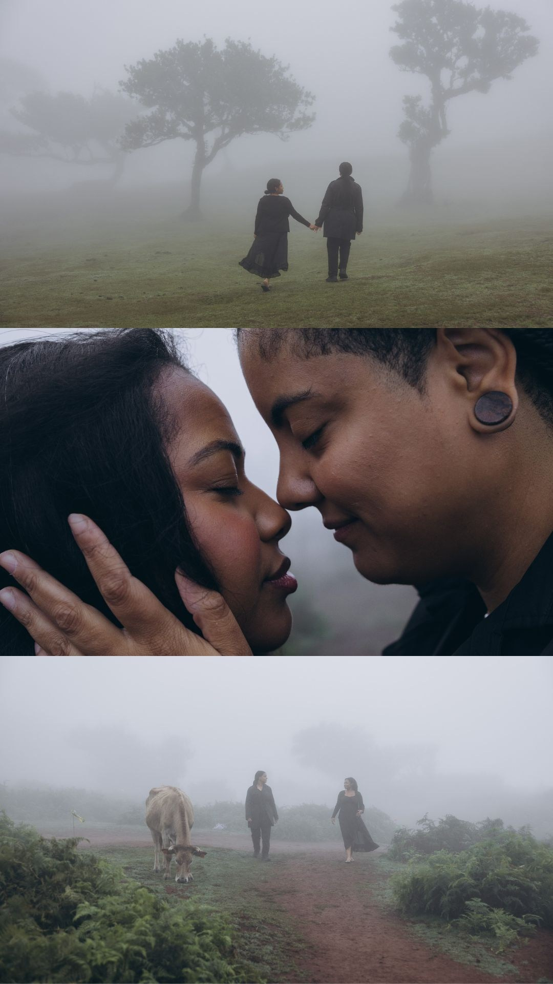 Couple photoshoot collage in foggy Fanal Forest, Madeira.