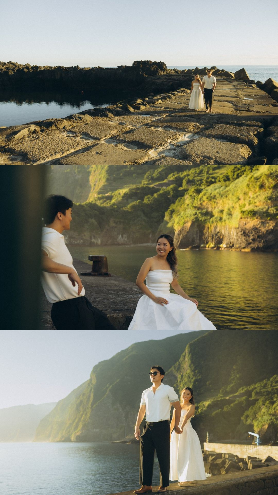 Honeymoon photoshoot collage at Seixal Beach and Fanal Forest, Madeira.