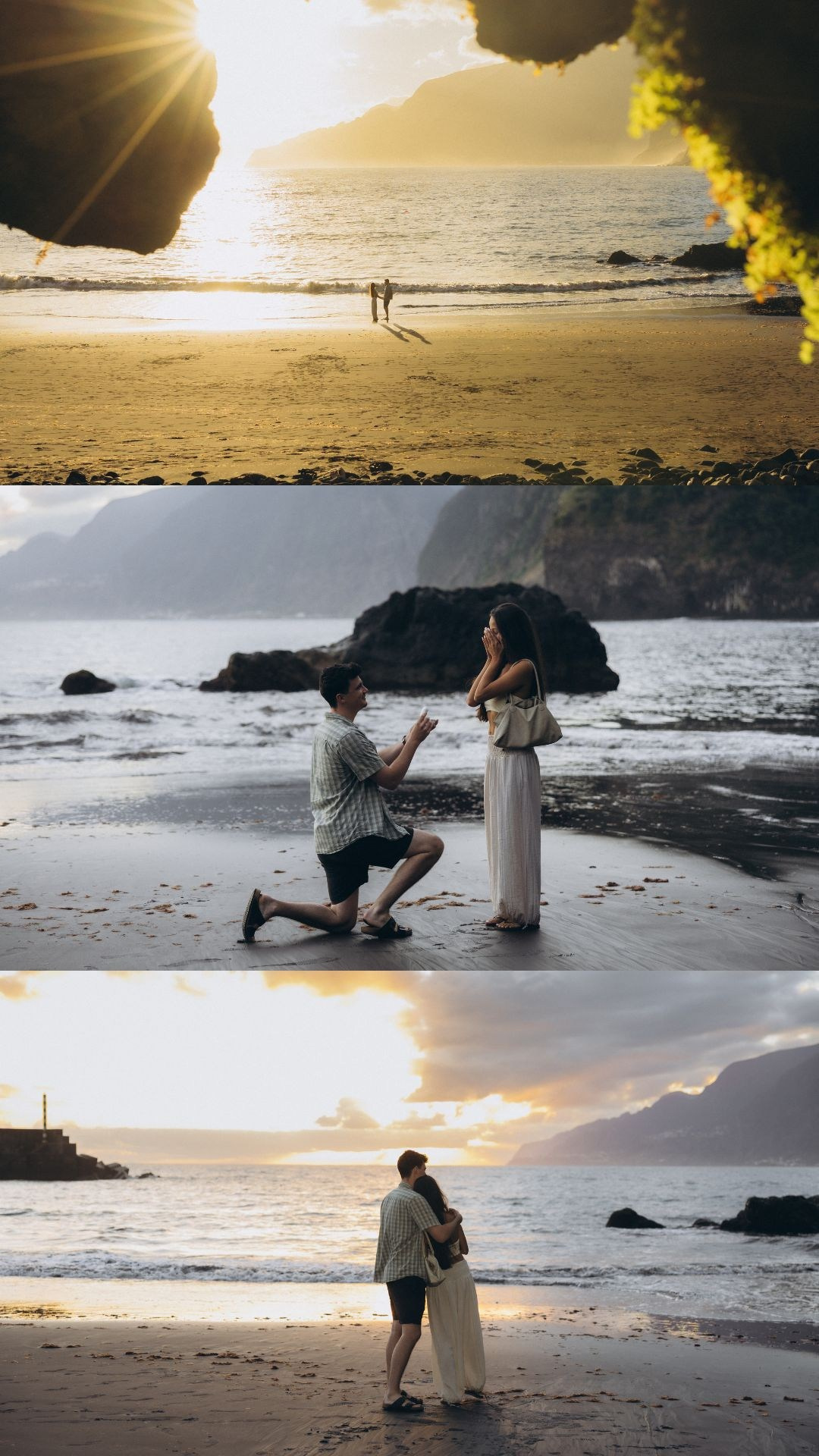 Secret proposal and engagement photoshoot collage at Seixal Beach and São Lourenço, Madeira.
