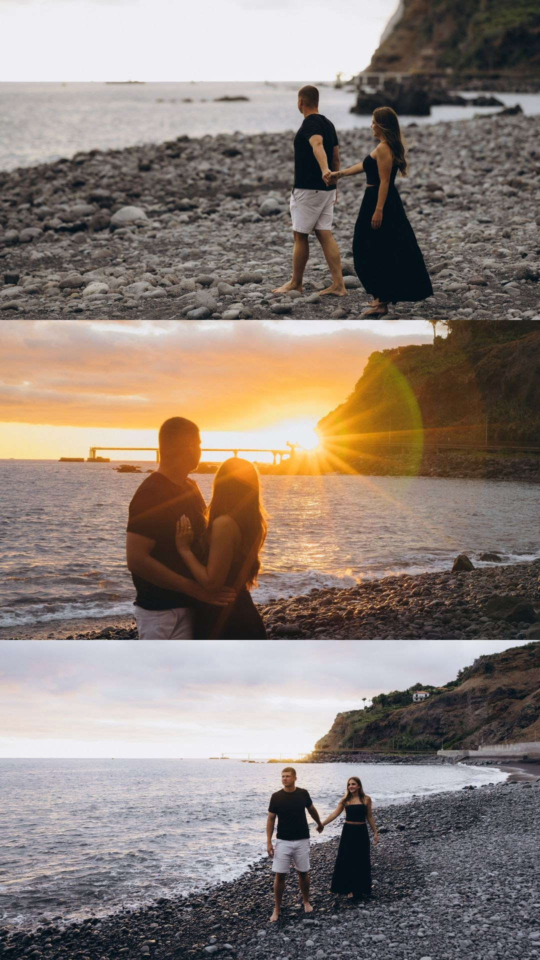 Couple mini photoshoot collage at sunset on Formosa Beach, Madeira.