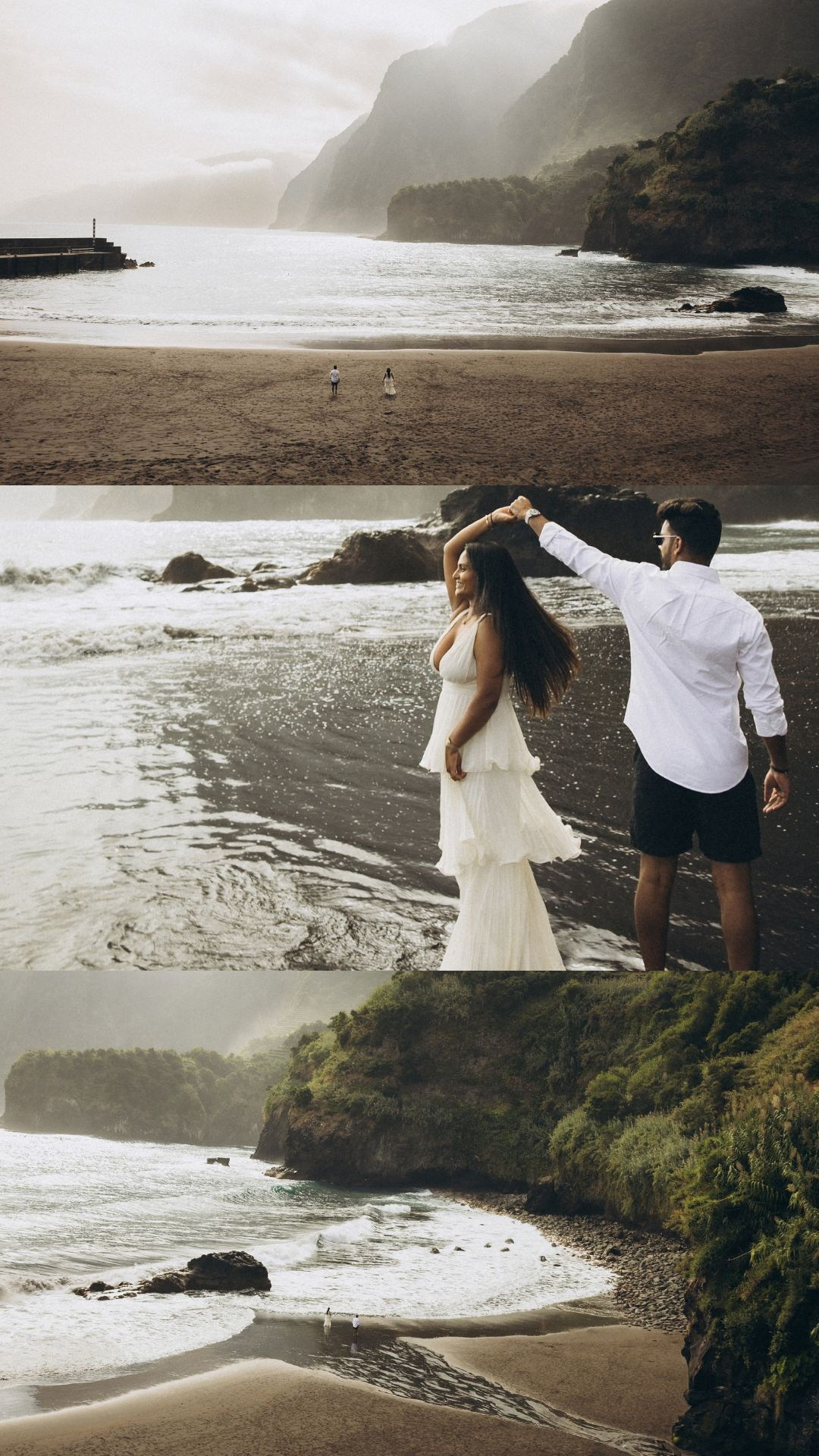 Cinematic proposal and engagement photography collage featuring São Cristóvão and Seixal Beach