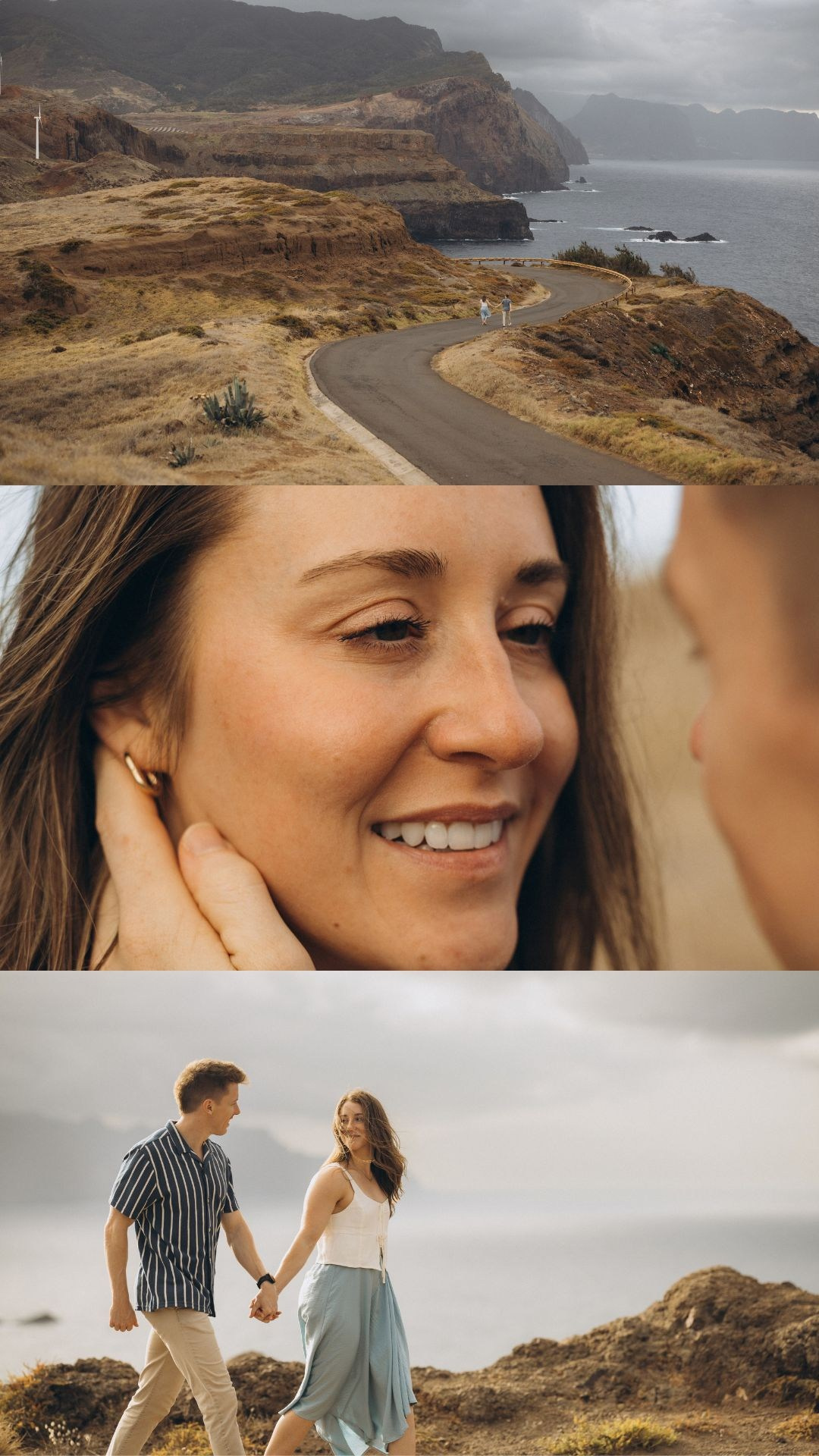 Couple photoshoot collage at Ponta do Rosto with dramatic cliffs and ocean views.