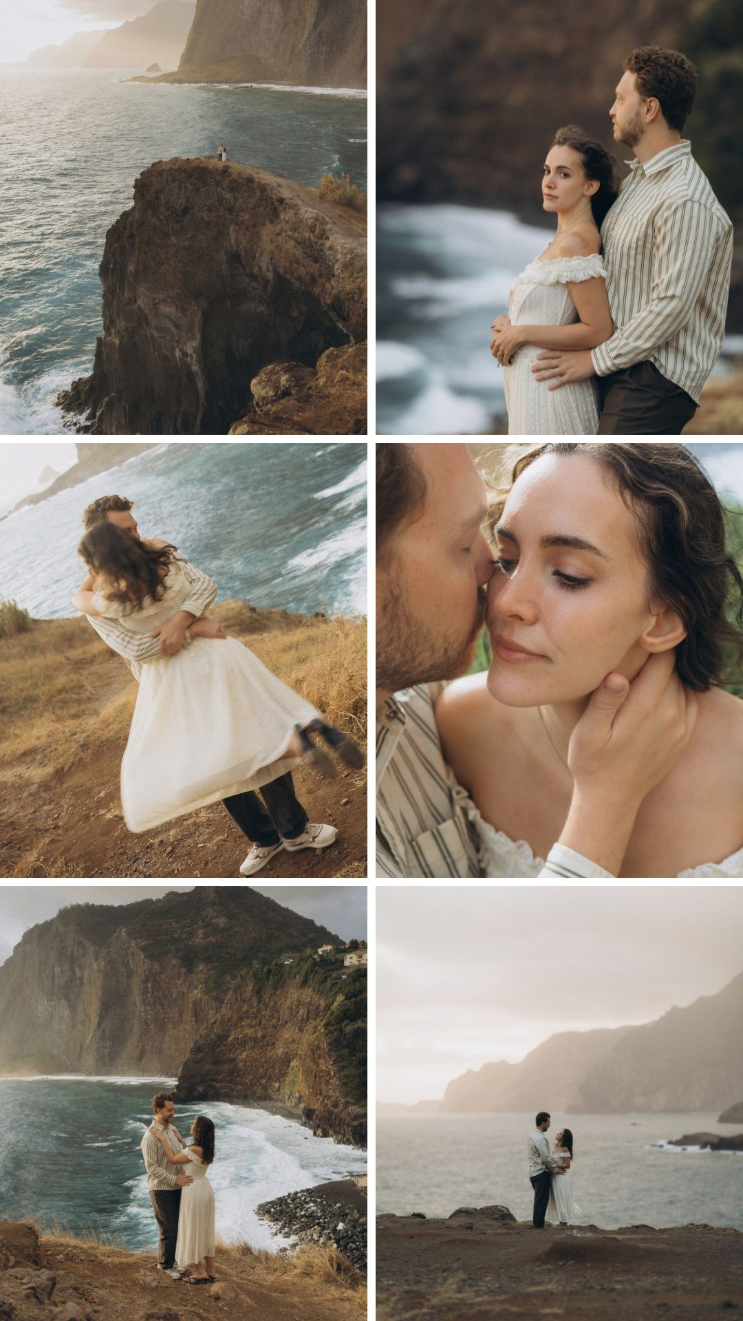Romantic engagement portraits captured at sunrise on the cliffs of Guindaste.