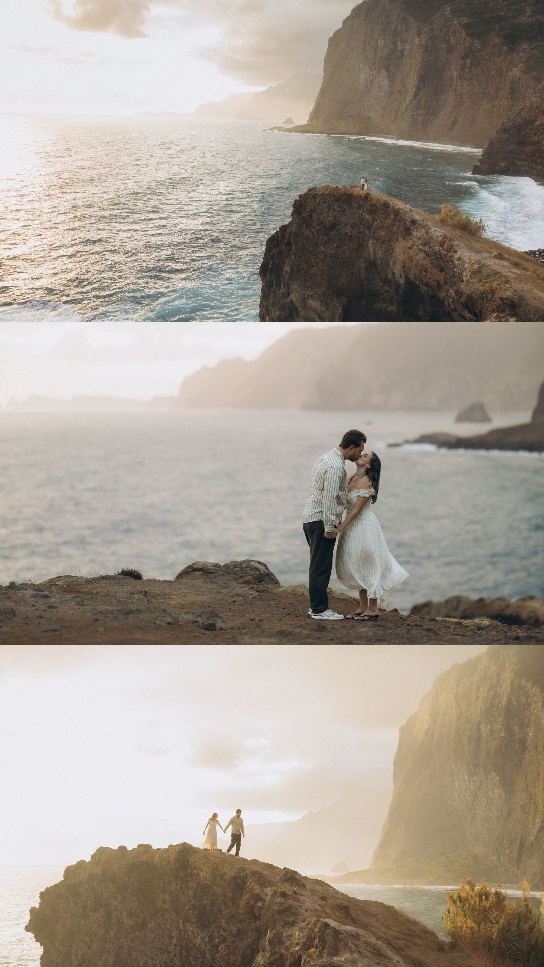 Engagement photoshoot collage at Miradouro do Guindaste during sunrise.
