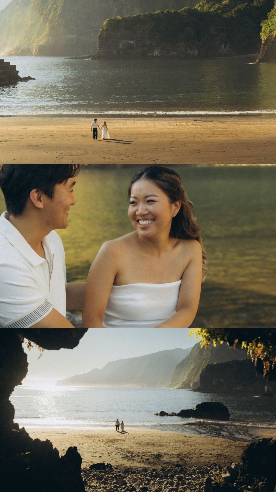 Romantic couple photo collage featuring Madeira's black sand beach and laurel forest.