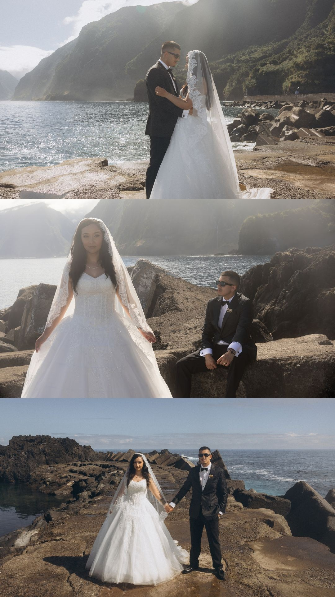 Elopement photography at Seixal Beach with volcanic cliffs and ocean views.