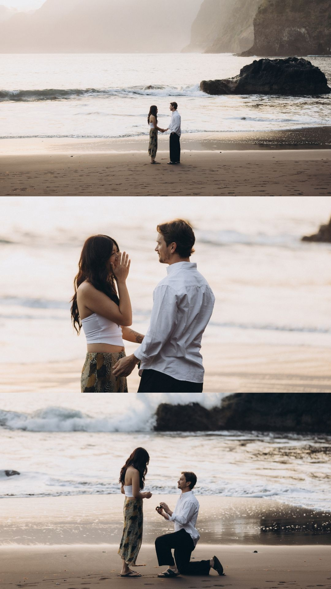 Secret proposal photography collage at Seixal Beach during sunrise.
