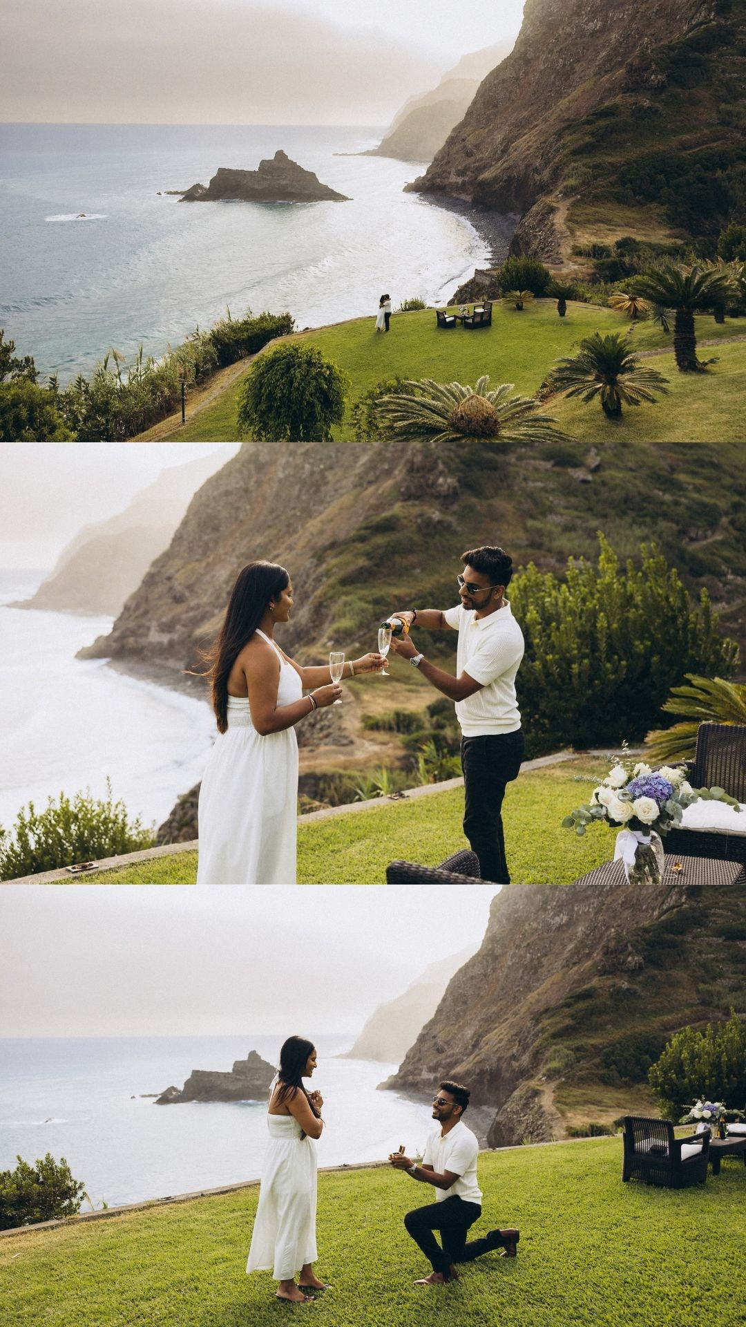 Secret proposal and engagement photoshoot collage at São Cristóvão and Seixal Beach, Madeira.