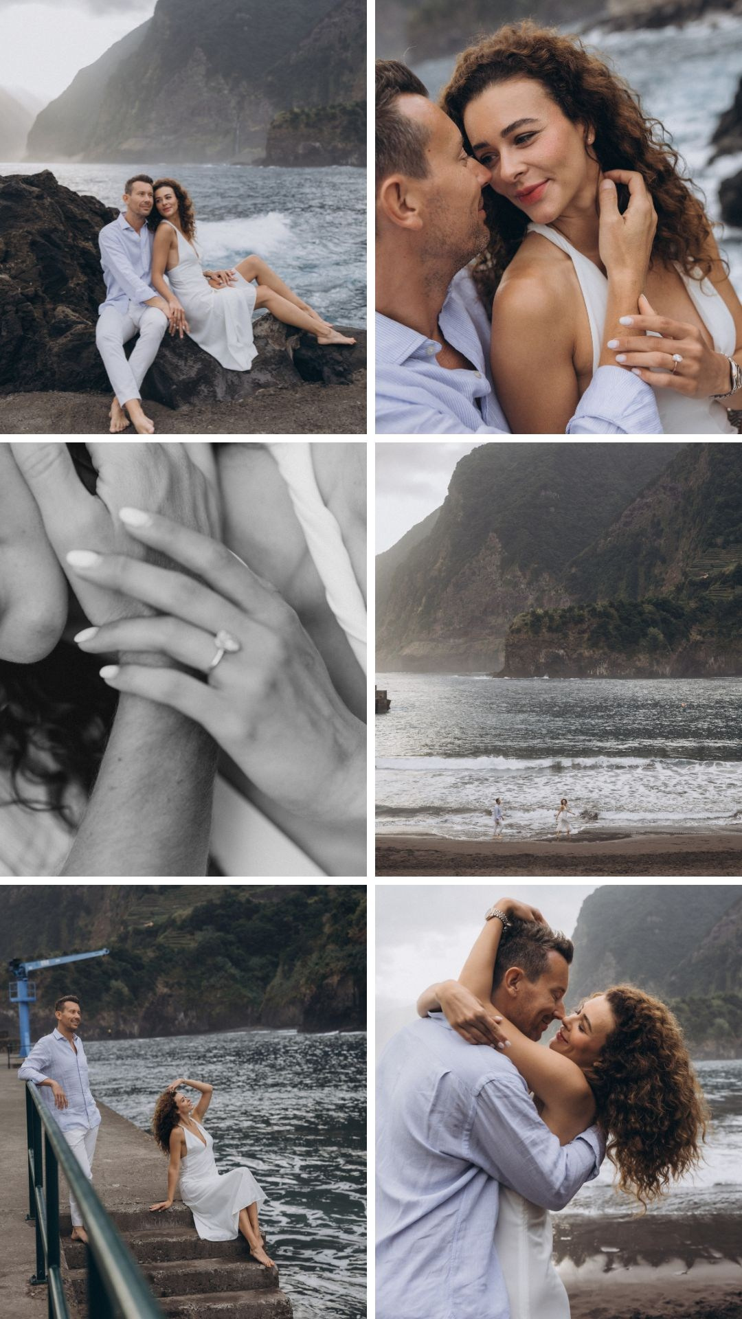 Romantic engagement portraits captured on the volcanic coastline of Seixal Beach.