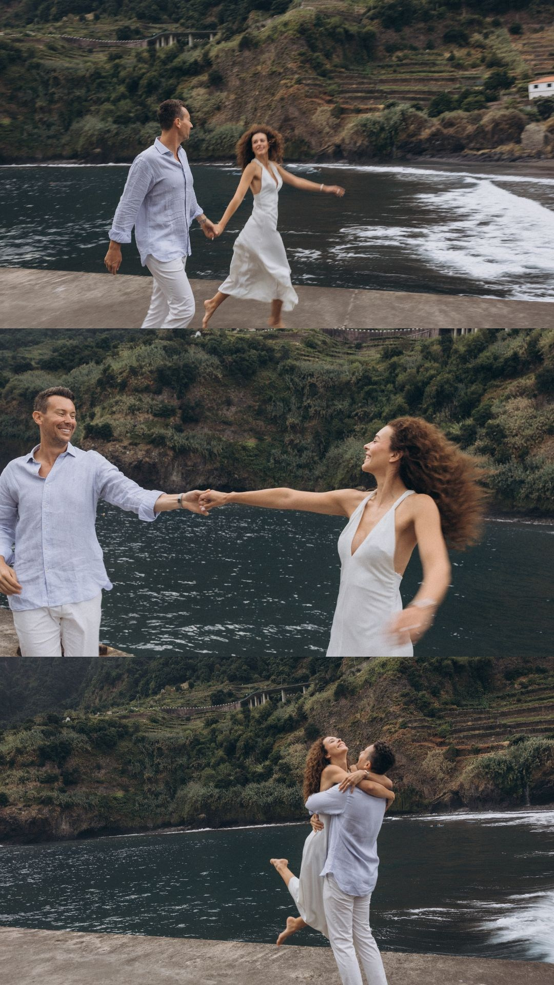 Cinematic engagement photography featuring dramatic cliffs and the Atlantic Ocean.