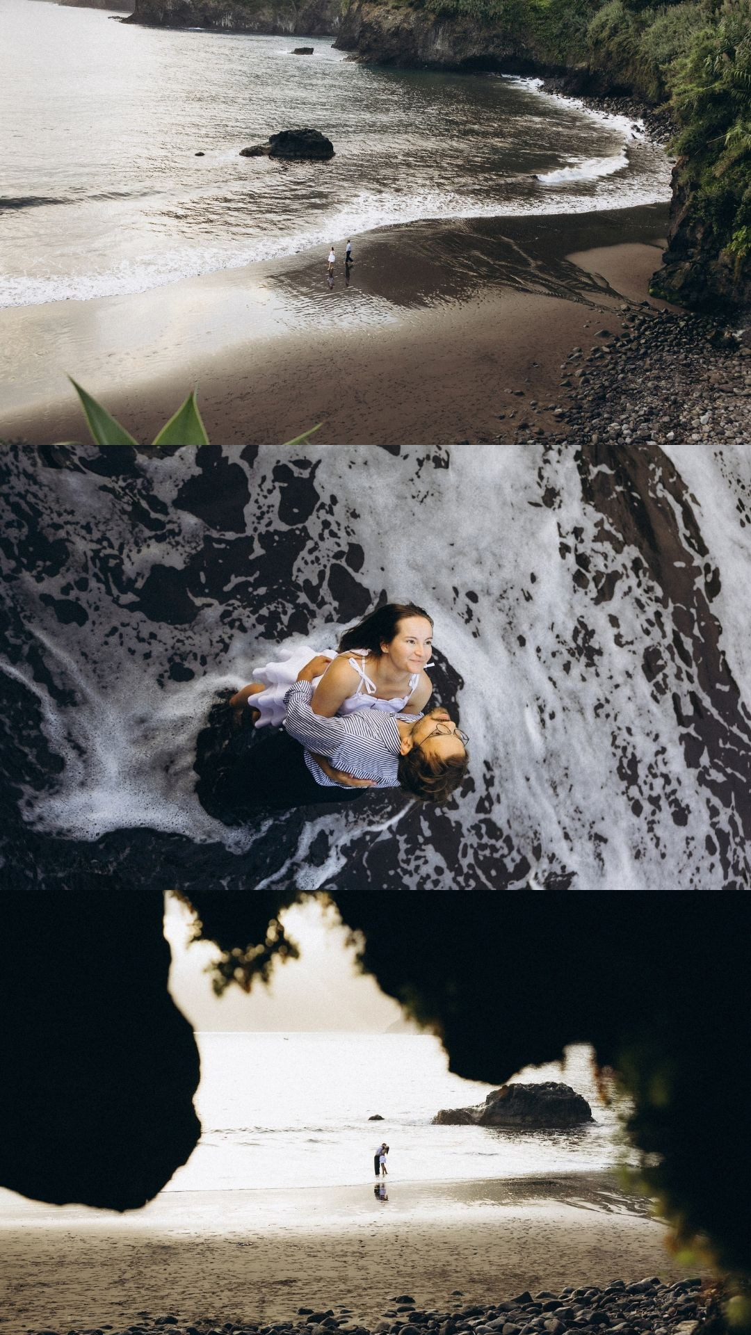 Cinematic couple photo collage at Seixal Beach overlooking the Atlantic Ocean