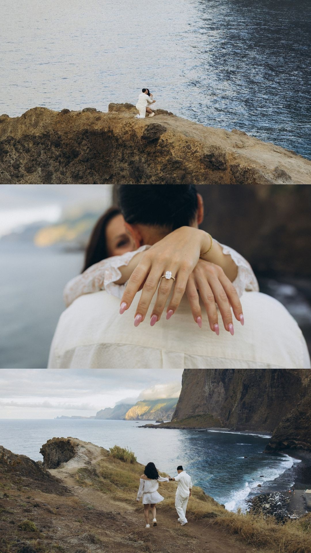 Collection of surprise proposal moments overlooking the Atlantic Ocean.