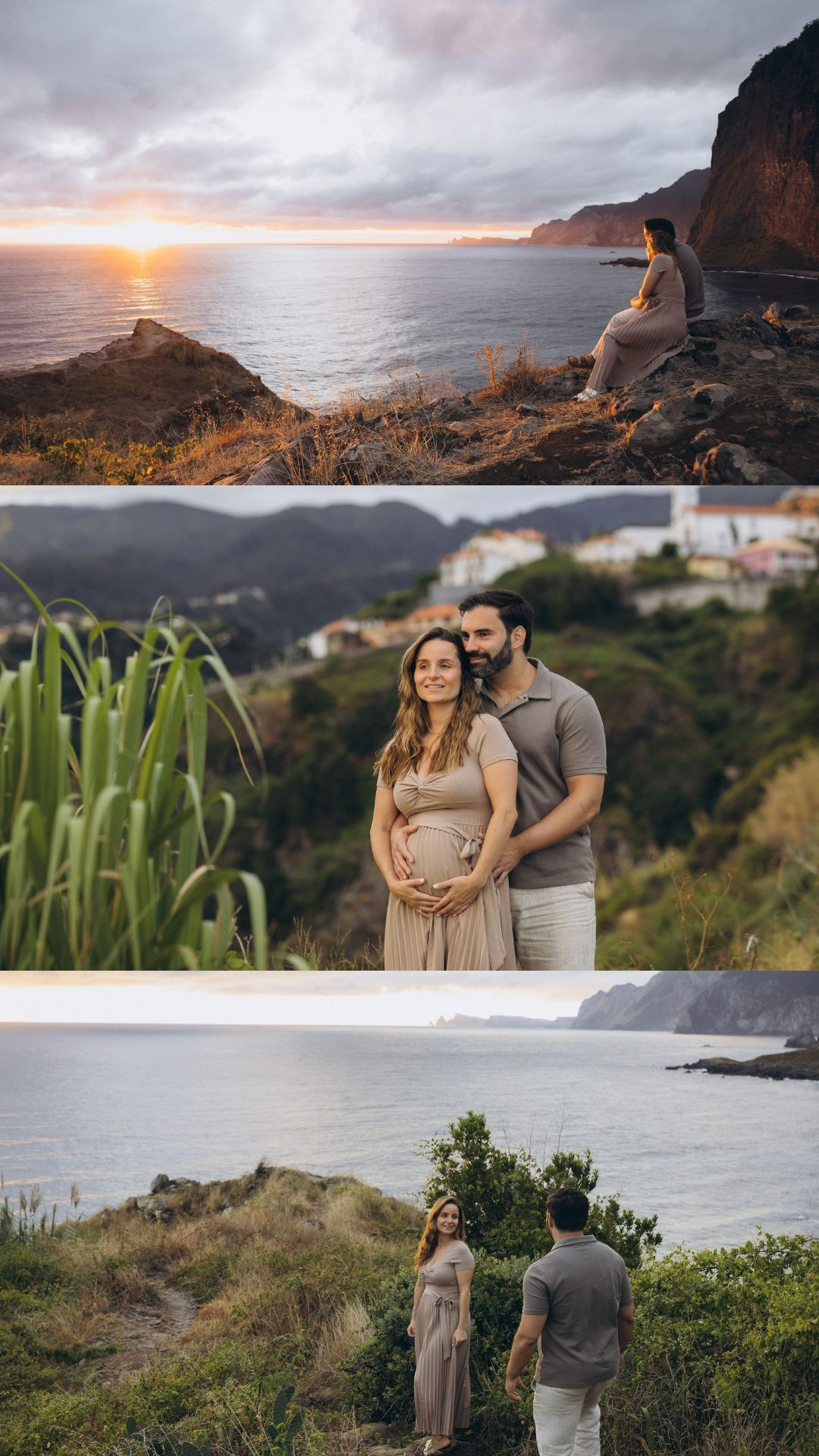 Sunrise maternity photoshoot collage at Miradouro do Guindaste, Madeira.