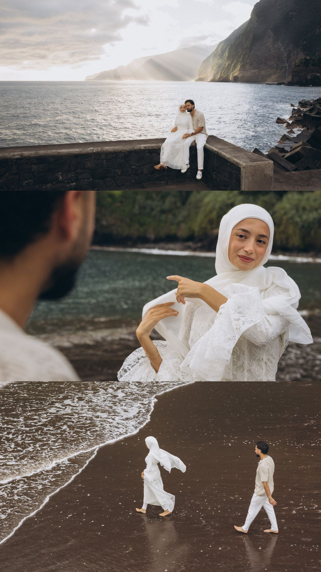 Couple photoshoot collage at Seixal Beach, Madeira.
