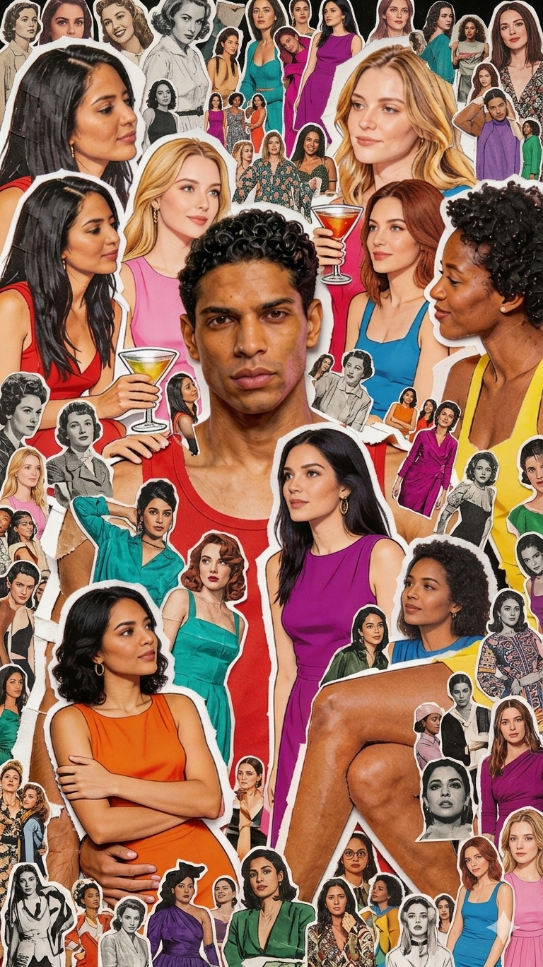 A complex pop-art collage of multiple cut-out faces, female figures in colorful dresses, cocktails, and comic bubbles, with a large portrait of a man in a red tank top at the center.