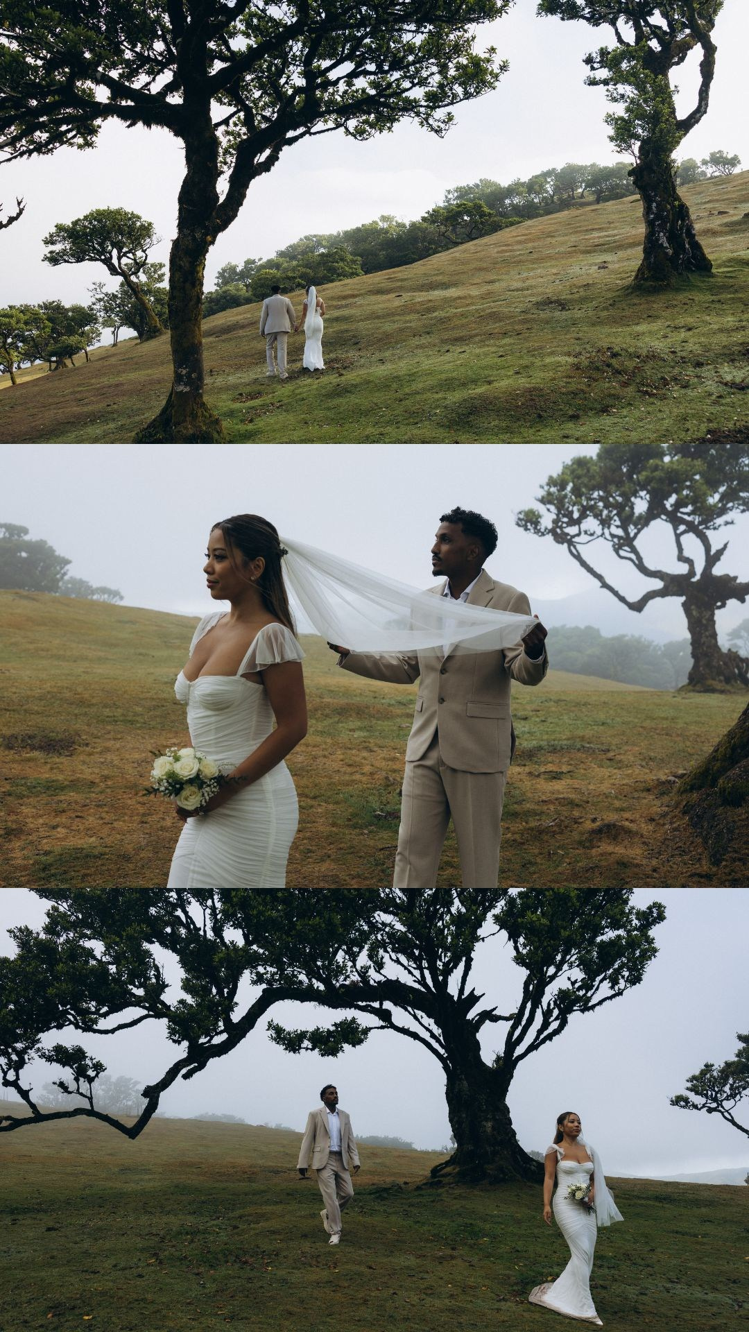 Honeymoon photoshoot collage in the foggy Fanal Forest, Madeira.