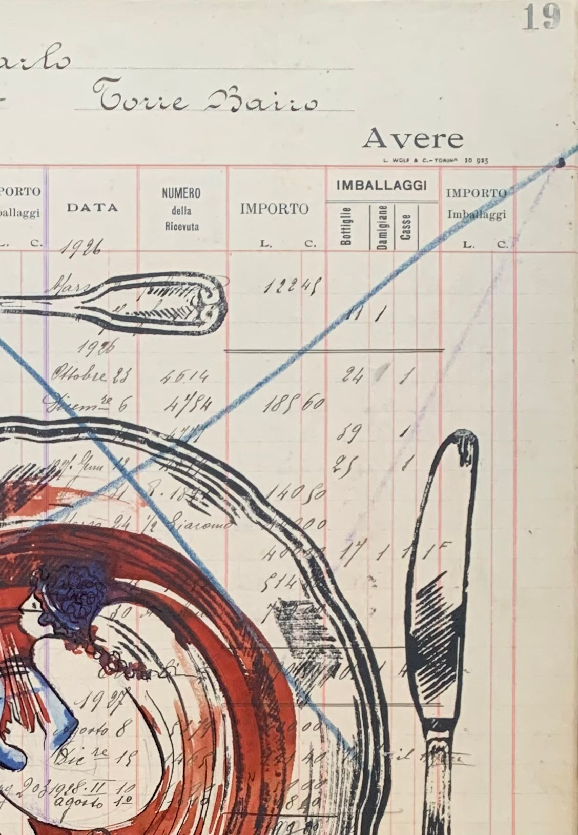 La serie Panem Quotidianum di Nadia Kuprina si configura come un intervento di riattivazione archivistica e simbolica. Un registro contabile piemontese (1918–1930), con nomi e acquisti dei clienti, diventa supporto e matrice concettuale. Il numero della pagina determina il titolo dell’opera. Su questa struttura documentaria l’artista stampa a mano piatti e posate in linoleografia, dipingendo il piatto in inchiostro seppia con riferimenti decorativi alle ceramiche elleniche. Il lavoro costruisce un dialogo tra antico e moderno, tra economia e ritualità, trasformando il pasto condiviso in dispositivo narrativo e antropologico.
