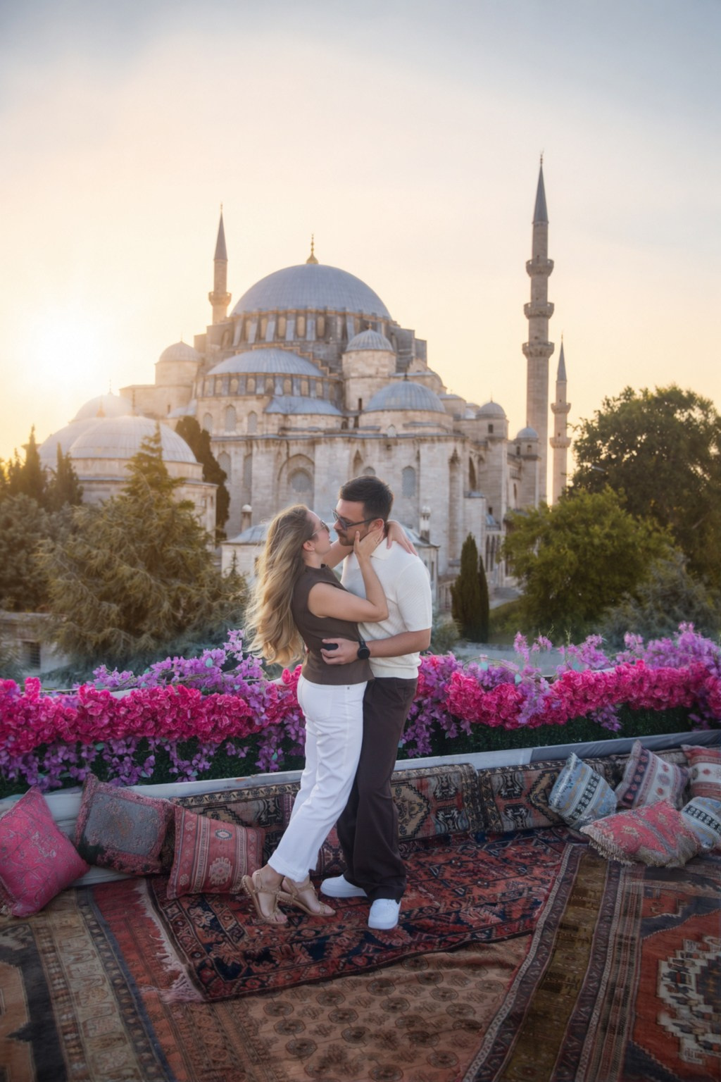 Romantic rooftop proposal photoshoot in Istanbul with seagulls and panoramic Bosphorus views. Surprise engagement photography by a professional Istanbul photographer, capturing unforgettable marriage proposal moments in a magical setting.