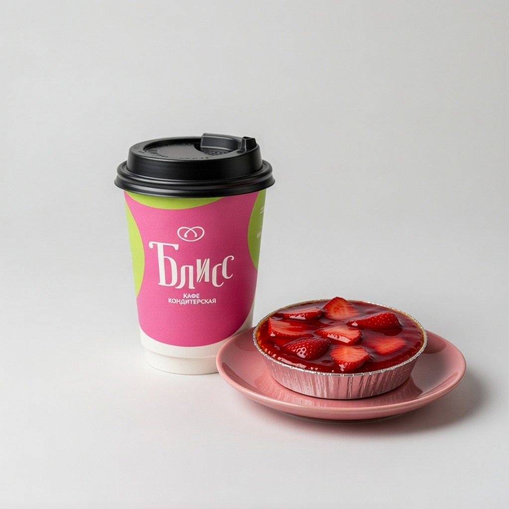 Coffee in branded Bliss cafe cup with strawberry dessert on plate, minimalist bakery food photography
