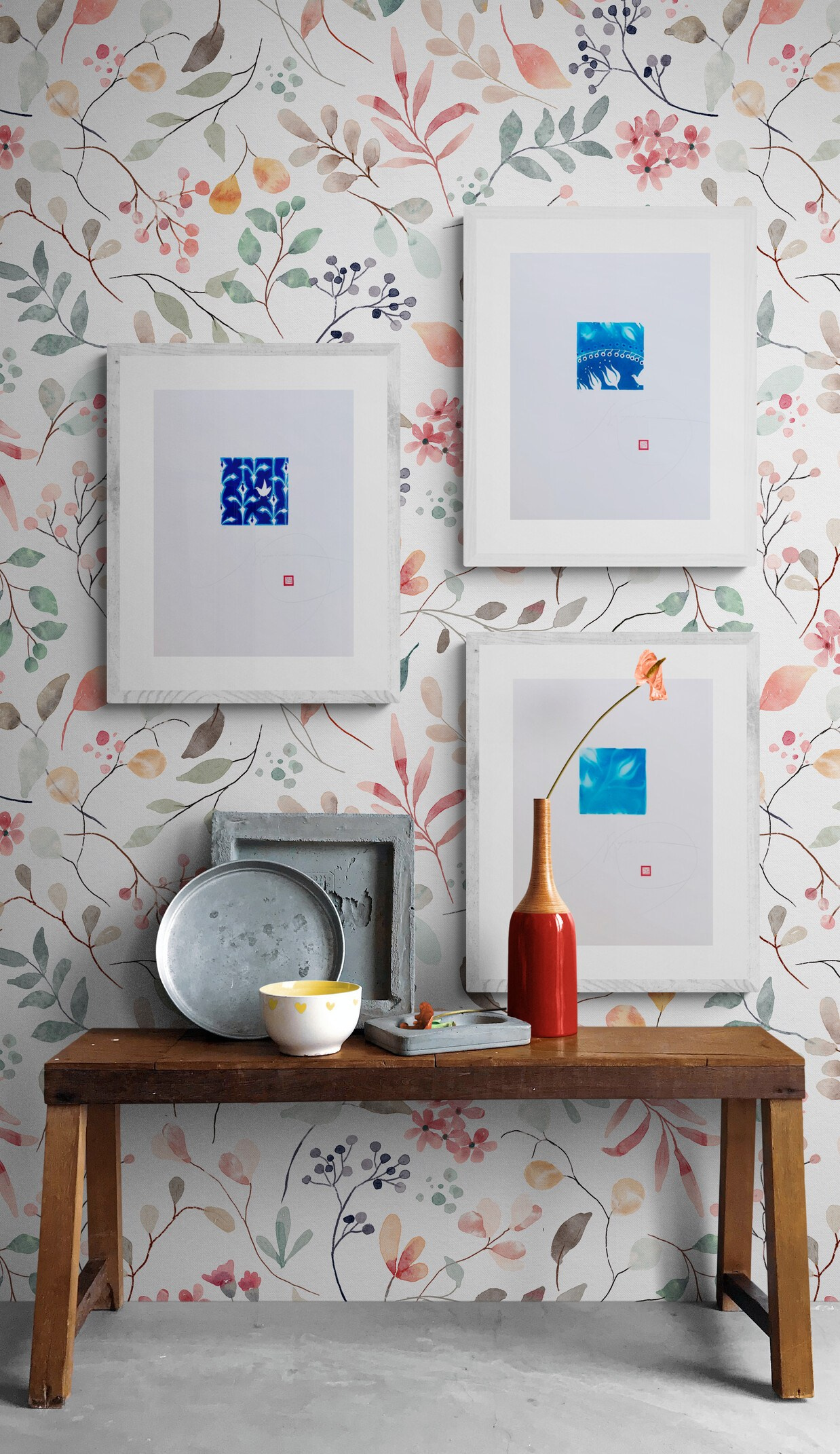 Decorative digital print in blue and white, floral image inspired by artistic ceramics and Nordic modernism, designed for elegant and contemporary interiors. Example on a floral wallpaper.