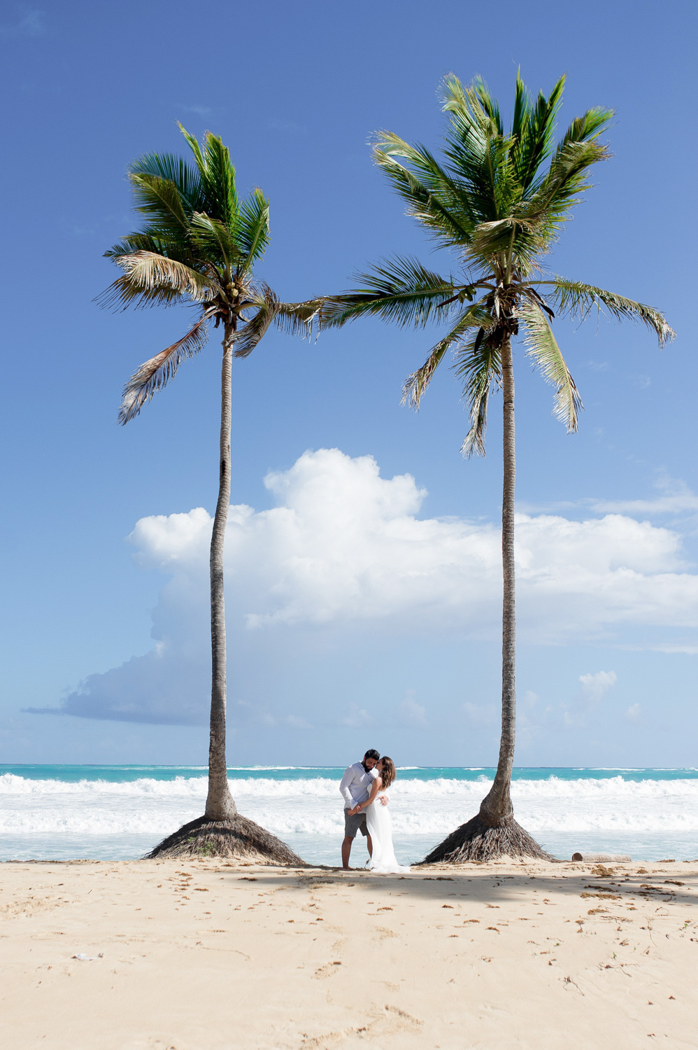 On the beach between two palm trees the bride and groom on the background of the sea and blue sky and a huge white cloud.