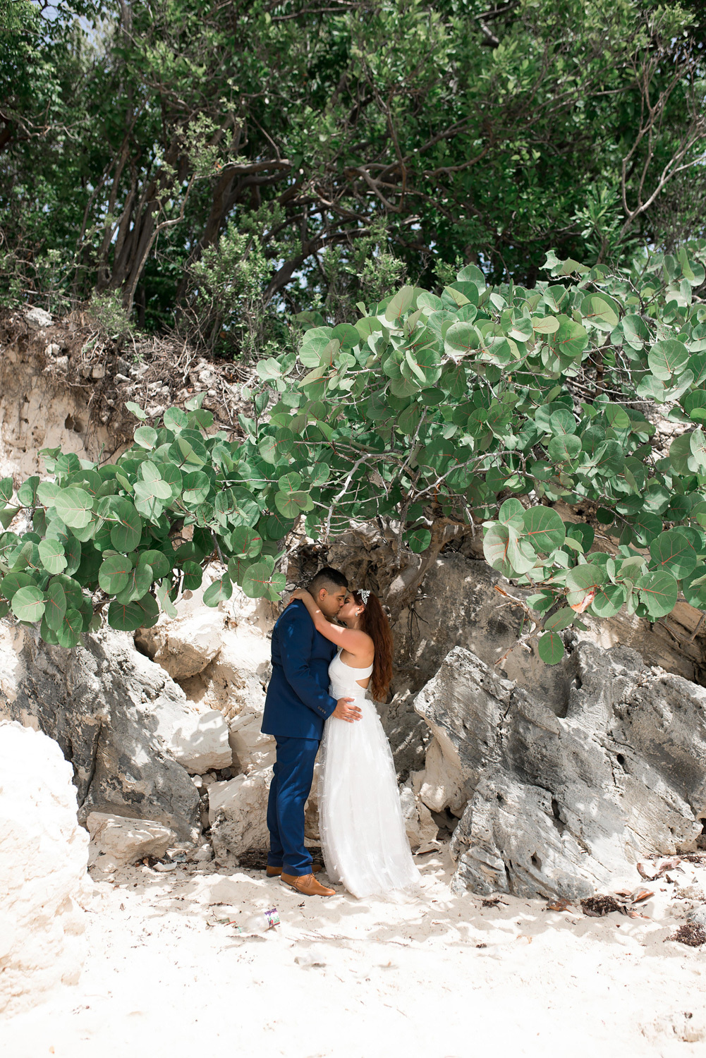 Жених и невеста целуются под листвой дерева на фоне каменного берега.