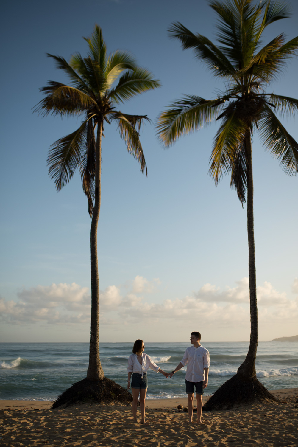 A girl and a guy in white shirts and dark shorts are standing under two palm trees on the background of the sea.