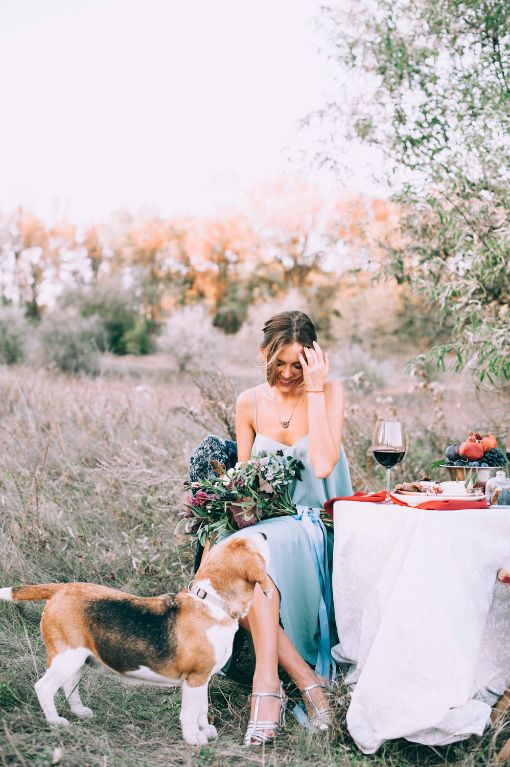 Bride and dog look at each other on the background of the sunlit forest.