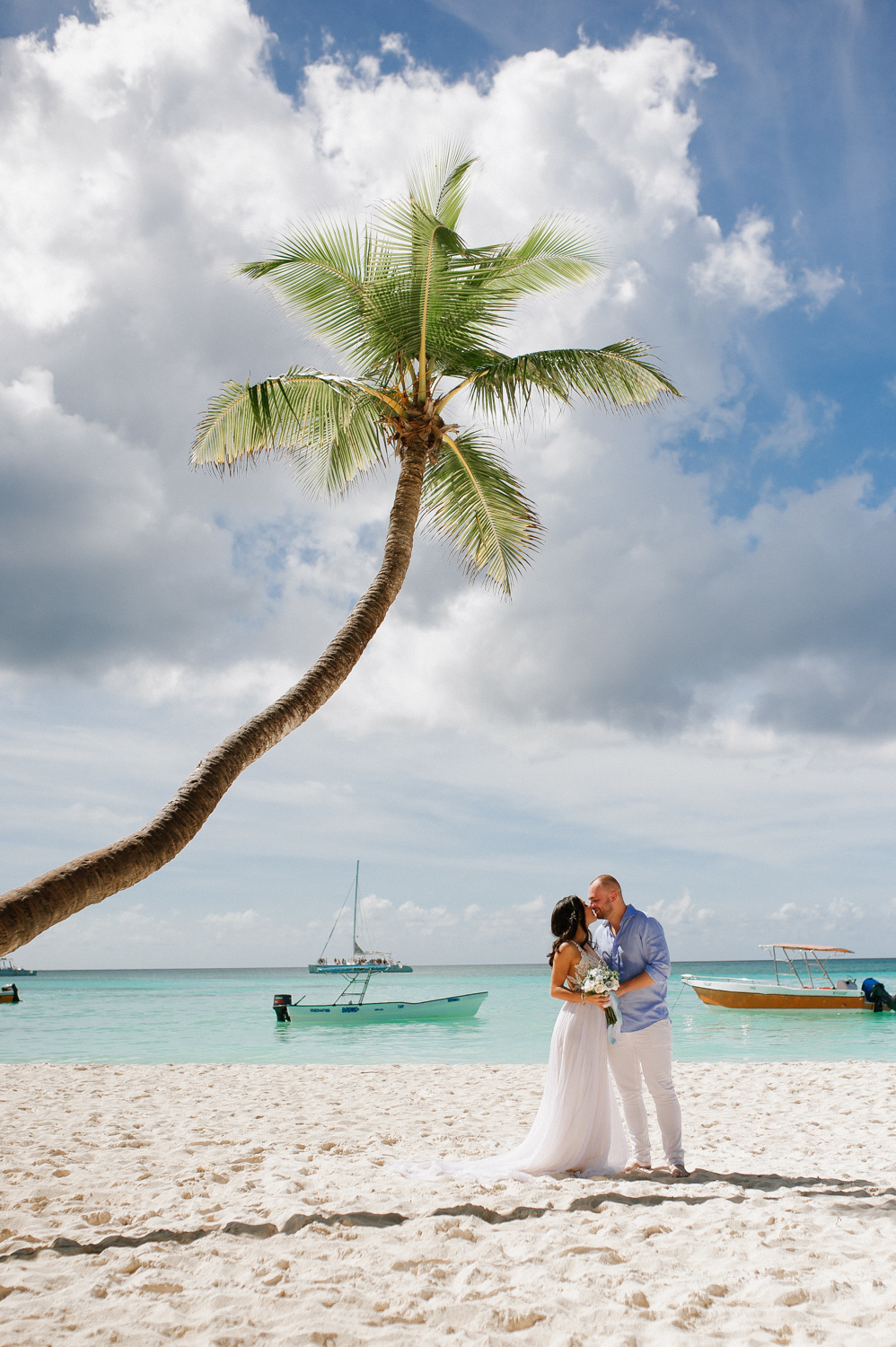 The groom kisses the bride on the sea beach with a palm tree on the background of ships and boats in the sea.