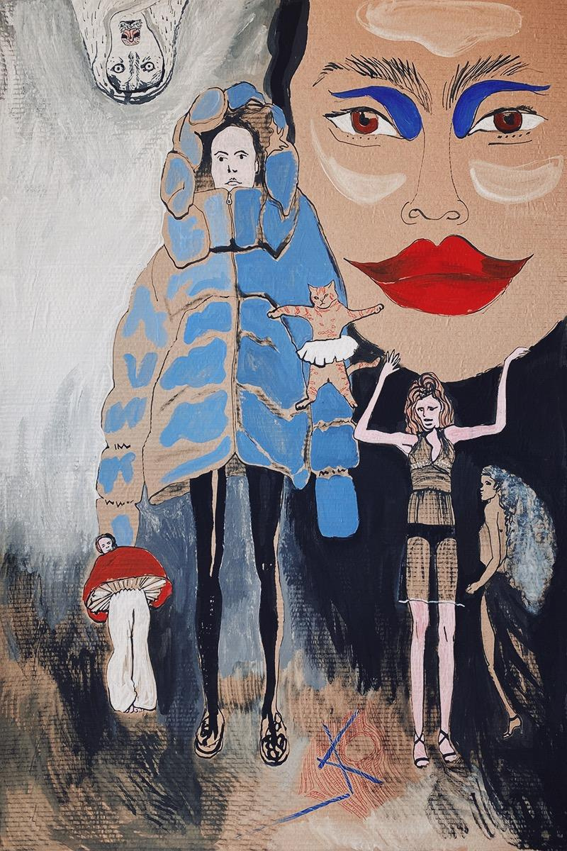 Procrastination 2, Corrugated cardboard, gouache, acrylic, marker, 120 x 80 cm, 