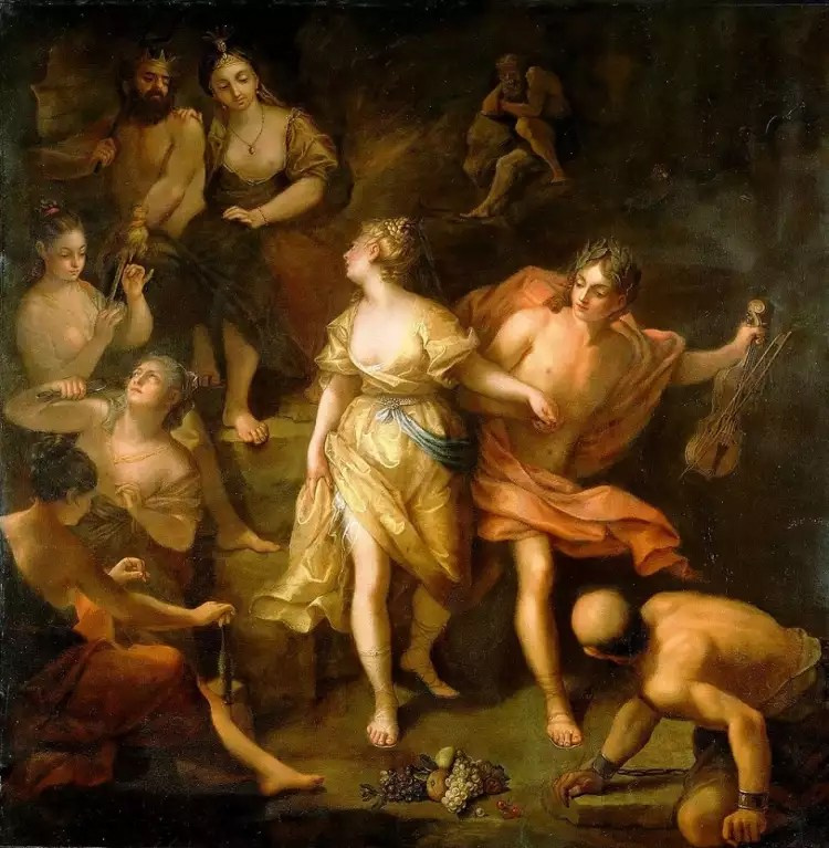 Мифы древней Греции. Жан Рау, Орфей и Эвридика, 1720, гравюра: трагический момент, когда Орфей оглядывается, теряя Эвридику навсегда, классицистическая композиция