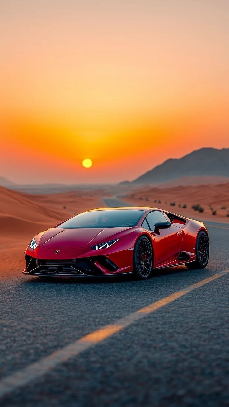 A red Lamborghini in the desert with the Dubai sunset in the background.