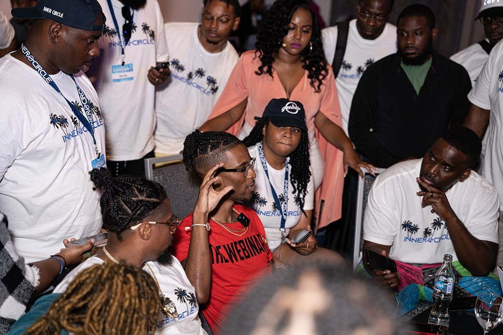 Team of attendees exchanging impressions about the event experience.