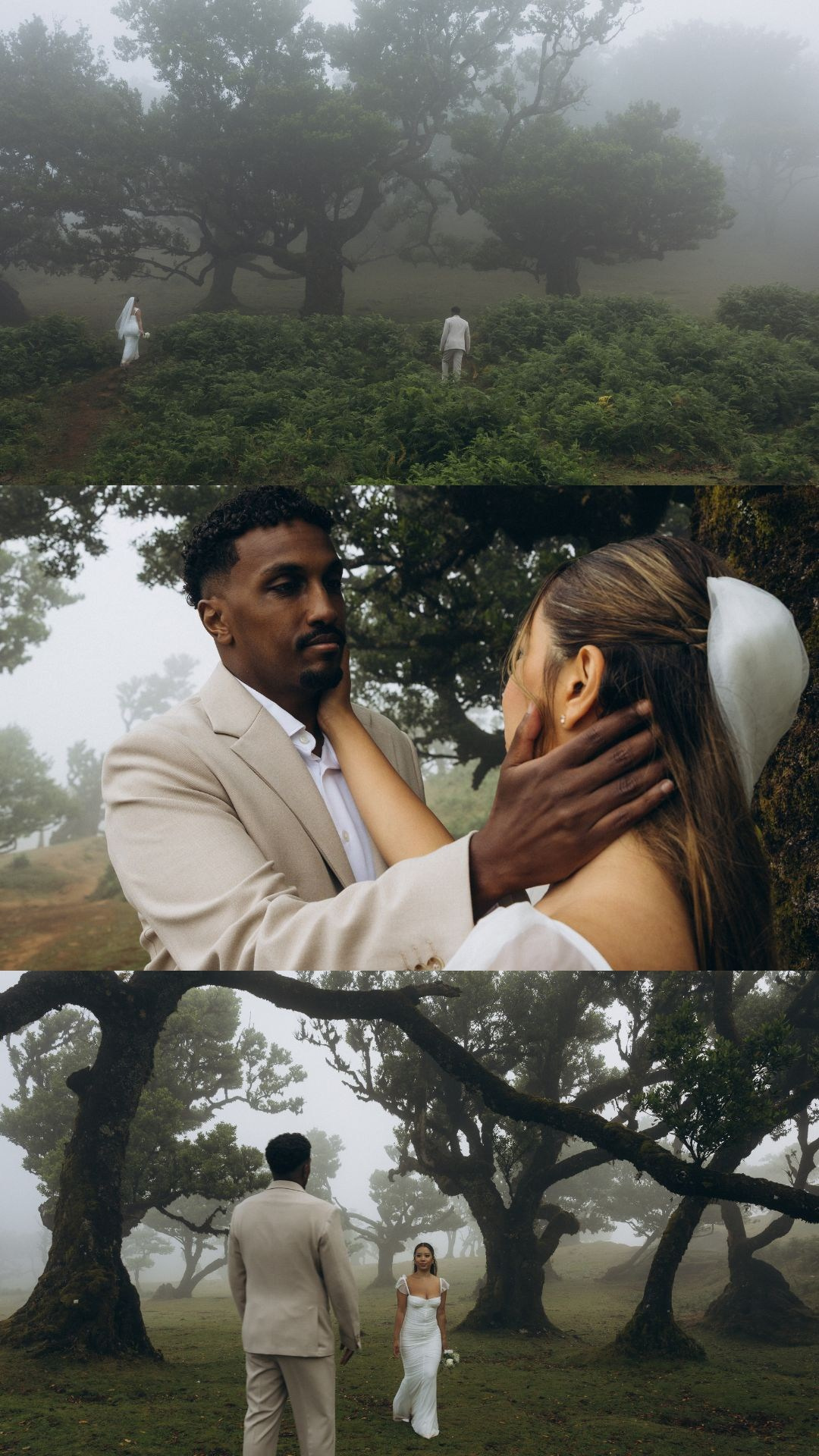 Collection of honeymoon moments surrounded by mist in Madeira.