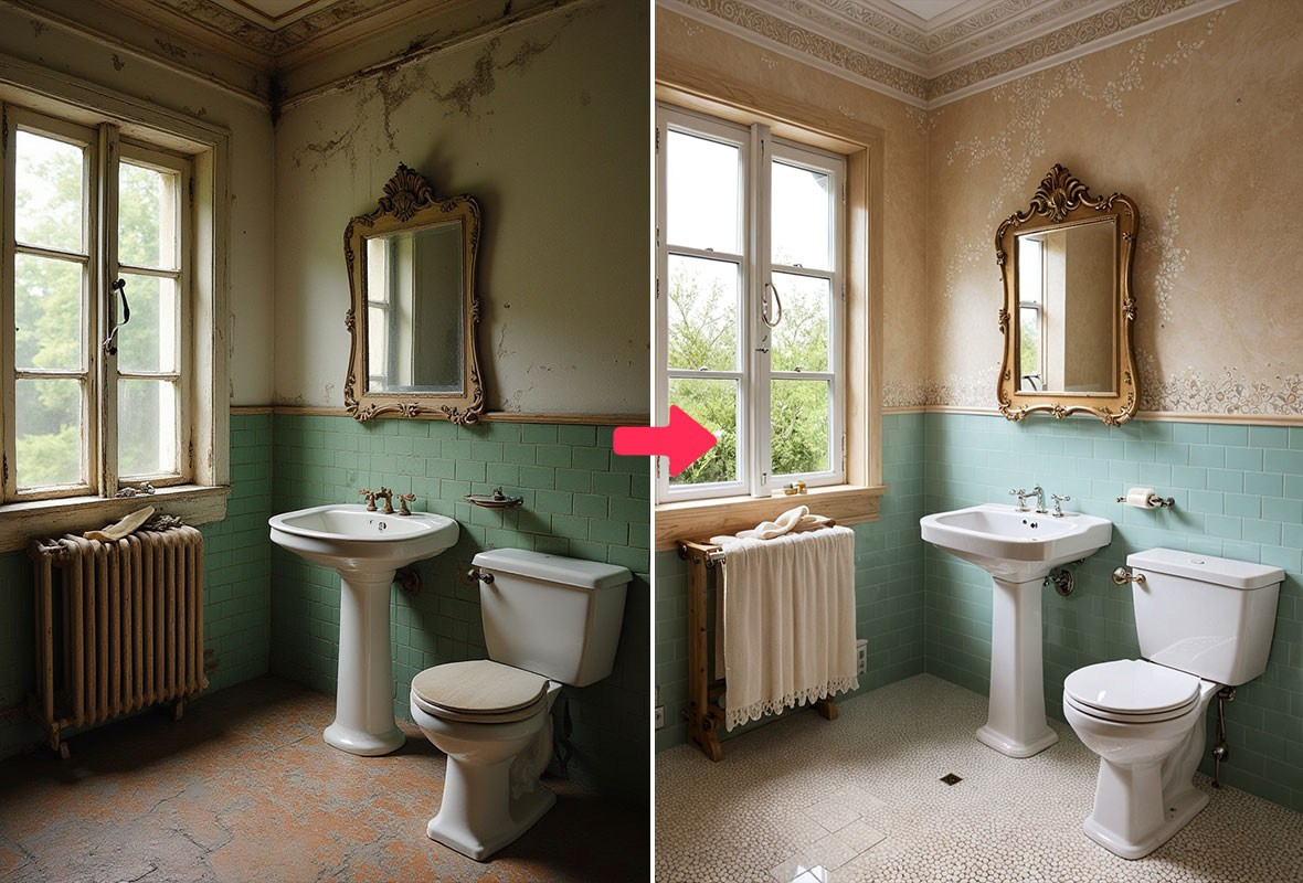 Before and after bathroom interior photo retouching with exposure enhancement and natural lighting optimization.