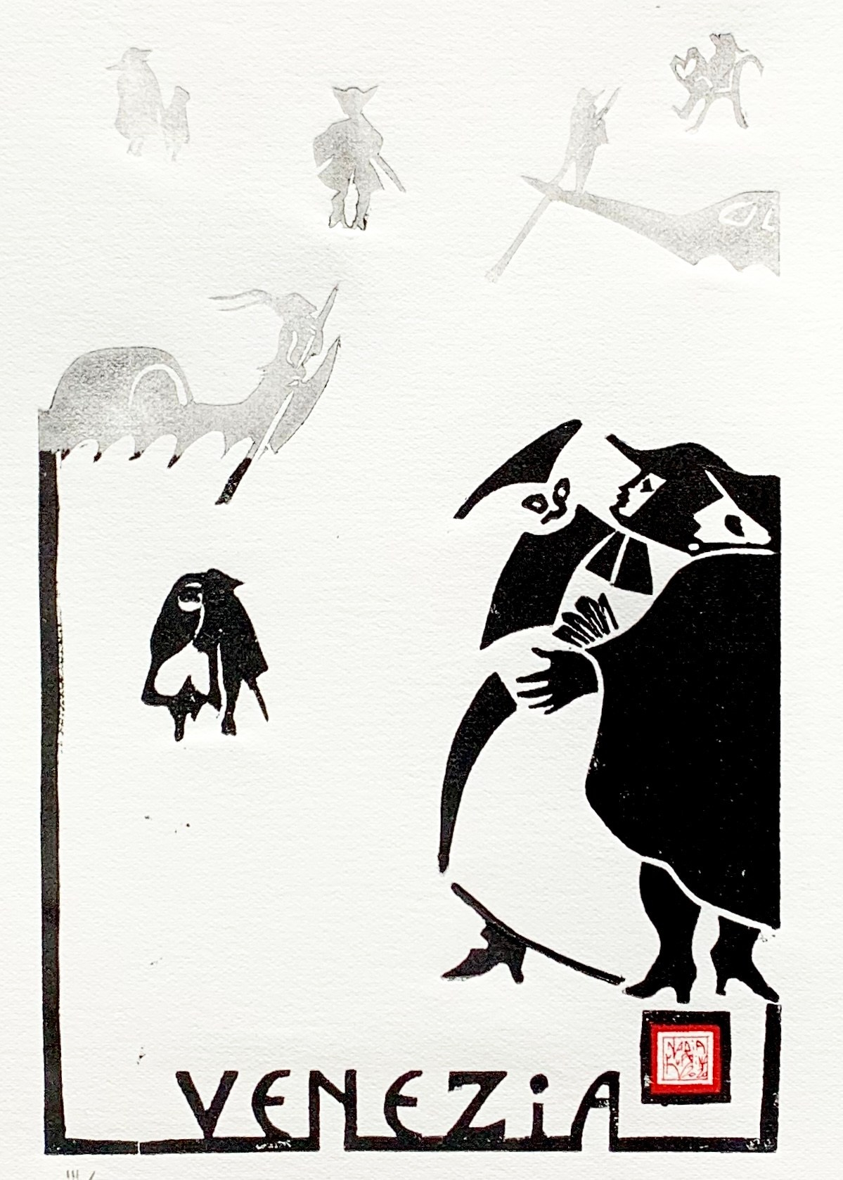 Stampa d’arte, linoleografia, cartolina, a mano, edizione limitata, grafica d’autore, grafica d’arte, nebbia, maschere, carnevale, Venezia