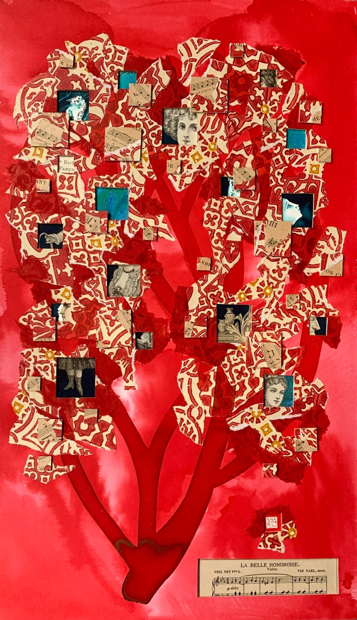 Collage artwork art collection series trees nature in red blue paperart paper handmade fashion music score fire hungarian beauty cadmium burn 